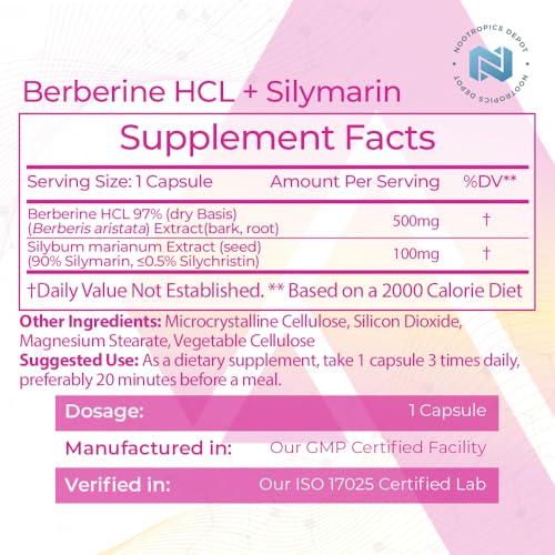 Nootropics Depot Berberine HCL + Silymarin Capsules | 500mg + 90mg | 180 Count Nootropics Depot buy supplements canada