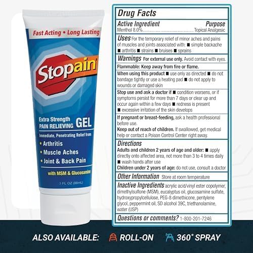 Stopain Pain Relief Gel 3oz USA Made, Max Strength Fast Acting with MSM, Glucosamine, Menthol for Arthritis, Lower Back Sciatica, Knee, Neck, HSA FSA Approved Topical Analgesic Products Stopain buy supplements canada