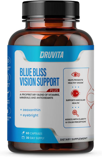 Blue Bliss Vision Support - Eye Vitamins with Lutein, Biotin, Bilberry and Zeaxanthin - Vitamin Supplement for Vision Health and Preservation for Adults Seniors 60 Veggie Capsules 30 Day Supply Druvita buy supplements canada