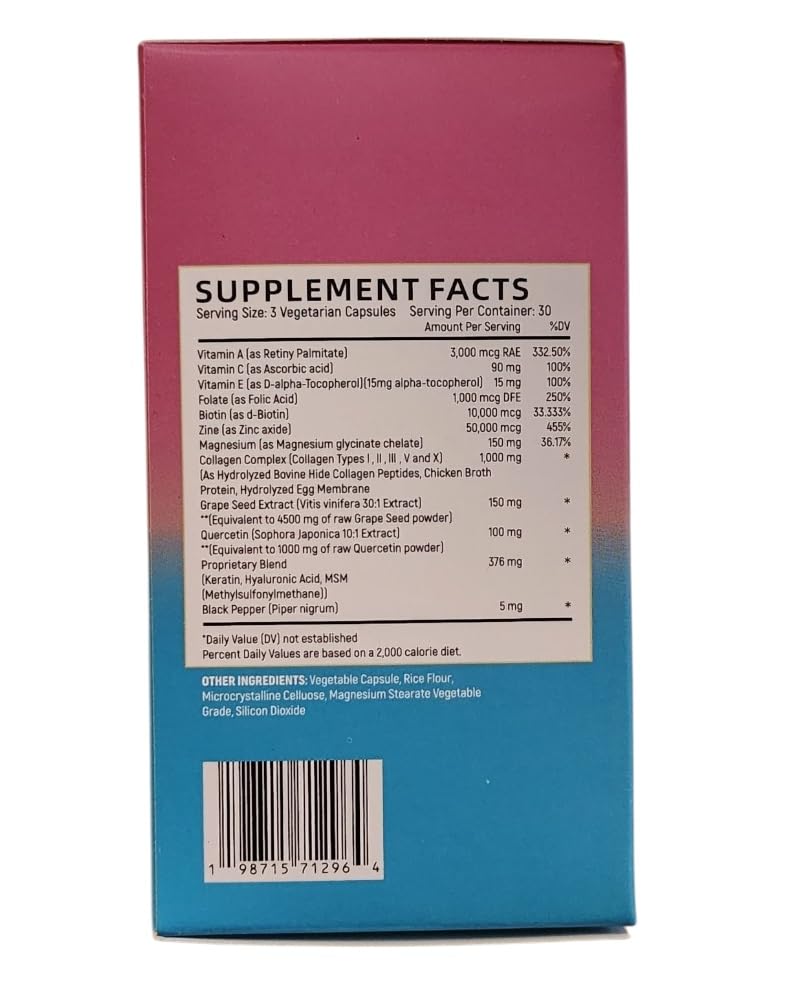 Collagen Peptides Types I, II, III, V & X, 64000 MCG, 14 in 1, Biotin, Keratin, Hyaluronic Acid, Magnesium, MSM, Grape Seed, Vitamin A C & E, Black Pepper, Quercetin, Folate, Zinc (90 Veggie Caps) Main Products buy supplements canada