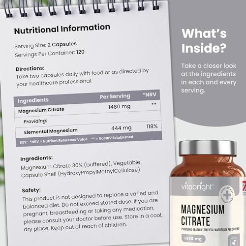 Magnesium Citrate - 1480mg High Strength - 240 Capsules (4 Month Supply) - Vegan VitaBright buy supplements canada