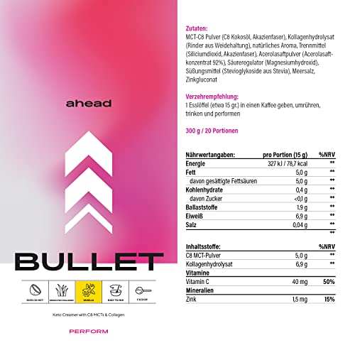 ahead BULLET | C8 MCT Powder with Collagen Powder - Vanilla - 300g - Perfect for Bulletproof Coffee ahead buy supplements canada