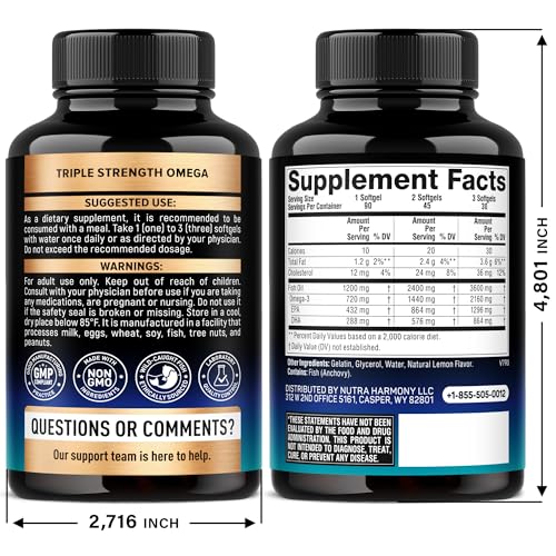 Omega 3 Fish Oil 3600 mg - Omega 3 Supplement | EPA & DHA - Heavy Metals Free - Heart, Brain & Joint Support - Purified Fish Oil for Men & Women - Lemon Flavored - Made in USA, 90 Softgels NUTRAHARMONY buy supplements canada