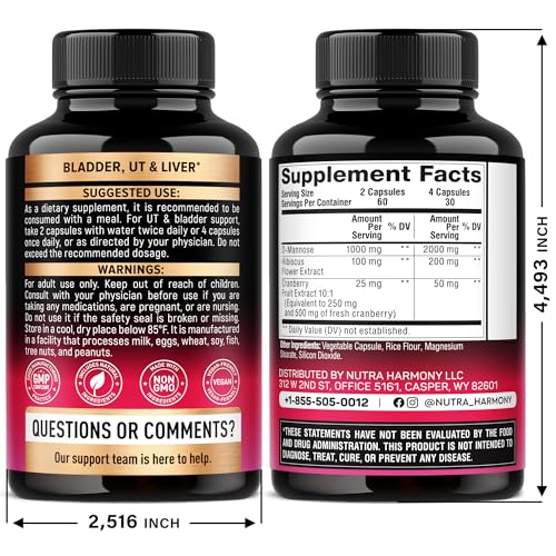 D-Mannose 2000mg with Cranberry & Hibiscus - Clinically Tested Strength for Urinary Tract Health - Supplement for Women - Bladder, Liver & Microflora Support - Made in USA - Vegan, 120 Capsules NUTRAHARMONY buy supplements canada