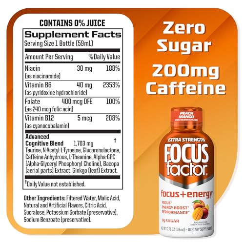 Focus Factor Extra Strength Focus + Energy Shots - 12 x 2oz Bottles (Peach Mango Flavor) - Powered by Nootropics with Caffeine, L-Theanine, Ginkgo, Bacopa, L-Tyrosine, Alpha GPC Focus Factor buy supplements canada
