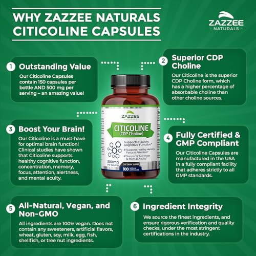 Zazzee Extra Strength Citicoline CDP Choline, 500 mg per Serving, 100 Vegan Capsules Zazzee buy supplements canada