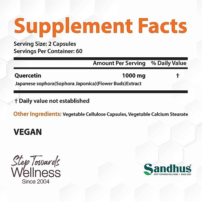 Sandhu's Quercetin 1000mg Per Serving 120 Count(Pack of 2) Vegetarian Capsules Sandhu's buy supplements canada