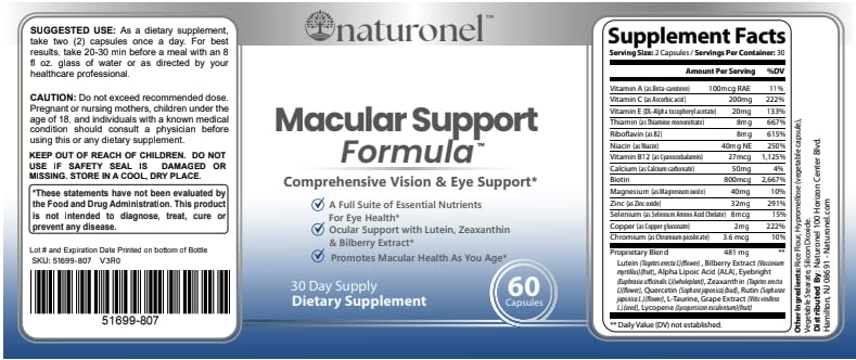 Naturonel Macular Support Formula – Vision & Eye Health with Lutein, Zeaxanthin, Bilberry, Eyebright & Antioxidants | Non-GMO, Made in USA, GMP Certified – 60 Capsules, 30 Day Supply (1) Naturonel buy supplements canada