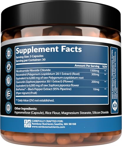 2010 MG NAD+ Supplement- Nicotinamide Riboside, Resveratrol, Quercetin & BioPerine® (High Absorption)- Natural NAD Booster for Anti-Aging, Cellular Energy, Skin- For Women & Men- 90 V Capsules Rainbow Nutrients, LLC buy supplements canada