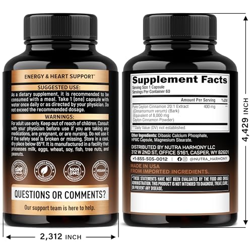 Ceylon Cinnamon Capsules - Extra Strength - Energy Heart & Metabolism Support for Men & Women - Pure Natural Cinnamon 20:1 Extract Supplement NUTRAHARMONY buy supplements canada