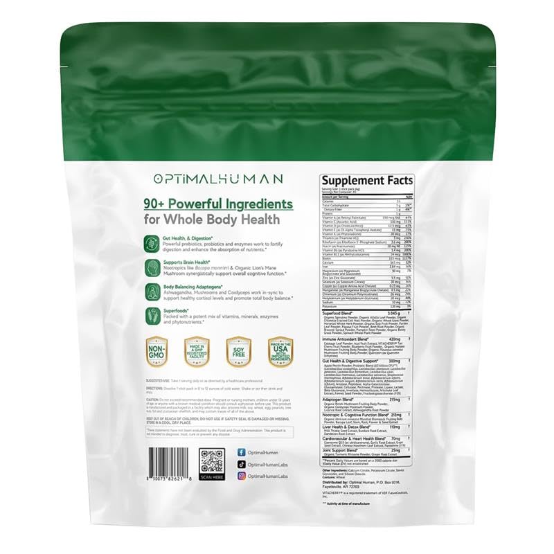 Optimal Human Superfood Greens Powder – 90+ Ingredient Blend with Lion’s Mane Supplement, Ashwagandha & Turmeric – Non-GMO, Soy-Free, Mushroom Supplements for Women – 20 Sachets O H buy supplements canada