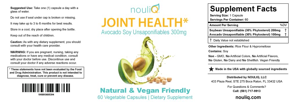 NOULIQ Natural & Vegan-Friendly Joint Health Supplement, Avocado Soy Unsaponifiables 300mg, Non-GMO, Free of Any Gluten, Artificial Colors or Flavors, Dairy and Shellfish, 60 Day Supply. NOULIQ buy supplements canada