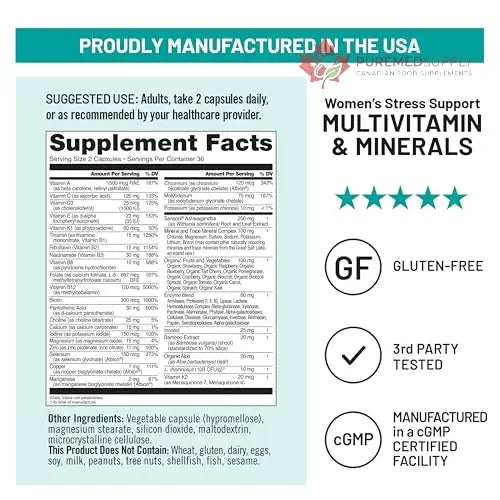 NatureWise Multivitamin for Women + Stress Support with Organic Whole Foods & Natural Minerals - B-Complex + Vitamin C + D3 K2 for Immunity, Hair, Skin & Nails - Non-GMO - 60 Capsules[30-Day Supply] NatureWise buy supplements canada