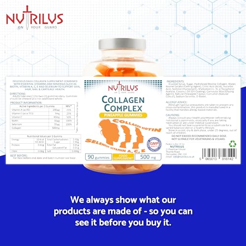 Collagen Complex 90 Natural Pineapple Gummies 500mg - Large Pack - with Biotin & Selenium Nutrilus buy supplements canada