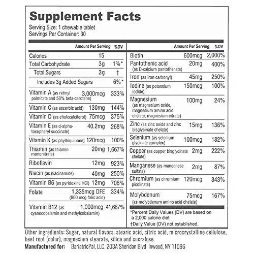 BariatricPal Multivitamin ONE 1 per Day! Bariatric Multivitamin Chewable with 45mg Iron - Mixed Berry (30 Count) BariatricPal buy supplements canada