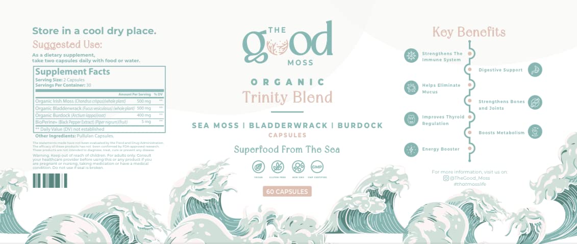 Trinity Blend Superfood -Sea Moss, Bladderwrack and Burdock Root Supplement for Overall Health Support, Hair, Skin and Nails 60ct The Good Moss buy supplements canada