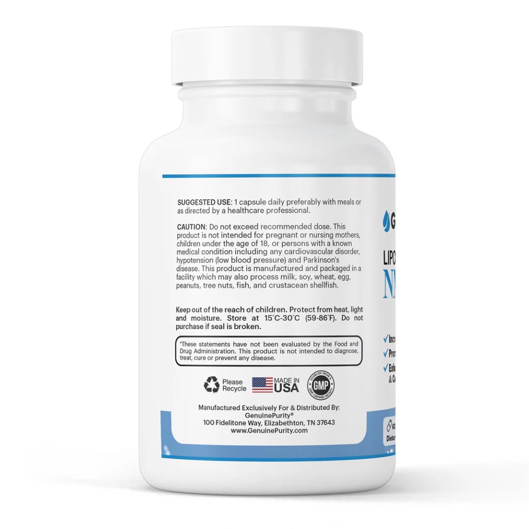 GenuinePurity - 250mg Liposomal NMN Supplement - 60 Vegan Capsules to Support NAD+ Production, Cellular Energy & Healthy Aging - Nicotinamide Mononucleotide for Metabolic Wellness & Immune Support GenuinePurity buy supplements canada