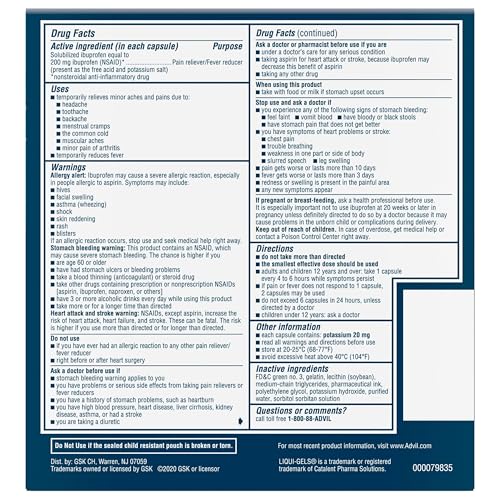 Advil Liqui-Gels Pain Reliever and Fever Reducer, Pain Medicine for Adults with Ibuprofen 200mg for Headache, Backache, Menstrual Pain and Joint Pain Relief - 50x2 Liquid Filled Capsules Advil buy supplements canada