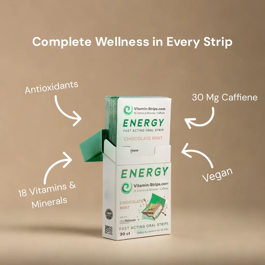 Peak Performance Energy Strips — Vegan, Gluten Free, Soy Free & Sugar-Free Breath Strips w/Caffeine, 18 Vitamins & Minerals — Instant Energy Boost Chocolate Mint Dietary Supplement — 30 Oral Strips Vitamin-Strips buy supplements canada