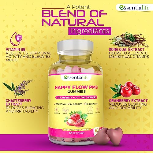 Happy Flow Strawberry-Flavor Chewable PMS Gummies | Hormone Balance Chasteberry Essentialife buy supplements canada