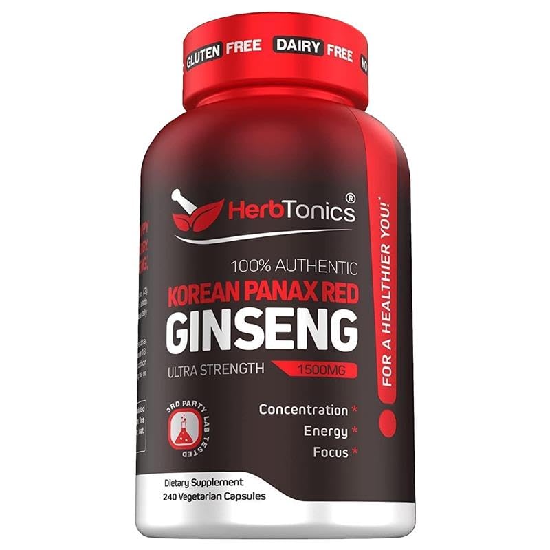 Herbtonics Korean Red Panax Ginseng 1500mg - Energy Supplement for Peak Performance, Focus & Vitality - High Potency Ginseng Root Extract - 240 Vegan Capsules Herbtonics buy supplements canada