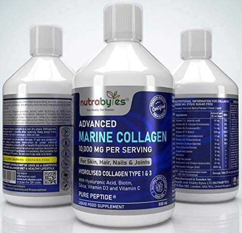 Marine Collagen Liquid 10000mg Sugar Free, Hydrolysed Peptides | Hyaluronic Acid, Biotin, Silica, Vitamin C, Vitamin D3 NUTRABYTES buy supplements canada