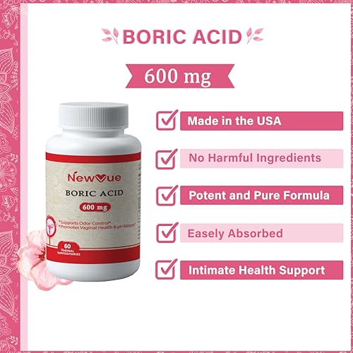 NewVue Boric Acid Vaginal Suppositories (600mg, 60 Count) Supports Vaginal pH Balance, Odor Control (USP Medical Grade Fine Powder, Easy Dissolve, Third Party Tested, Made in USA) NewVue buy supplements canada