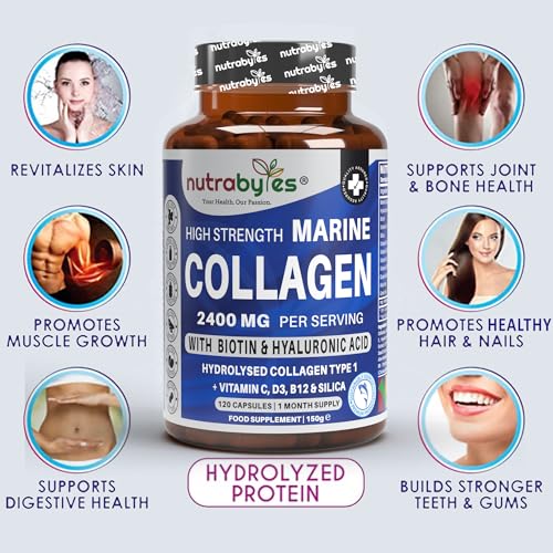 High Strength Marine Collagen 2400mg with Hyaluronic Acid 100mg, Biotin, Vitamin C, D3, B12 and Silica NUTRABYTES buy supplements canada