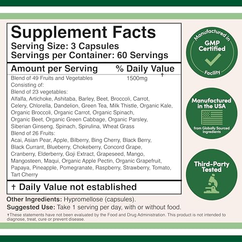 Fruits and Veggies Supplement (Daily Blend of 49 Different Fruits and Vegetables, 23 Veggies and 29 Fruits) 1,500mg Servings, 180 Capsules (No Fillers, Vegan Safe, Non-GMO) by Double Wood Double Wood Supplements buy supplements canada