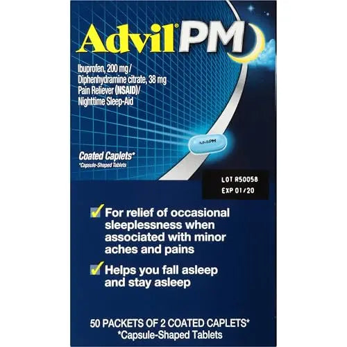 Advil PM Pain Reliever and Nighttime Sleep Aid, Pain Medicine with Ibuprofen for Pain Relief and Diphenhydramine Citrate for a Sleep Aid - 50x2 Coated Caplets Advil buy supplements canada