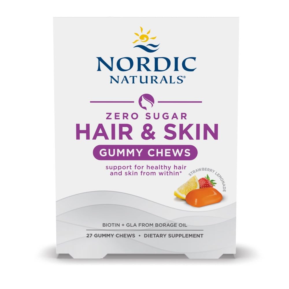 Nordic Naturals Zero Sugar Hair & Skin Gummy Chews, Strawberry Lemonade - 27 Gummy Chews - Biotin + GLA from Borage Oil - Promotes Healthy Balance of Fats in Skin - Non-GMO - 27 Servings Nordic Naturals buy supplements canada