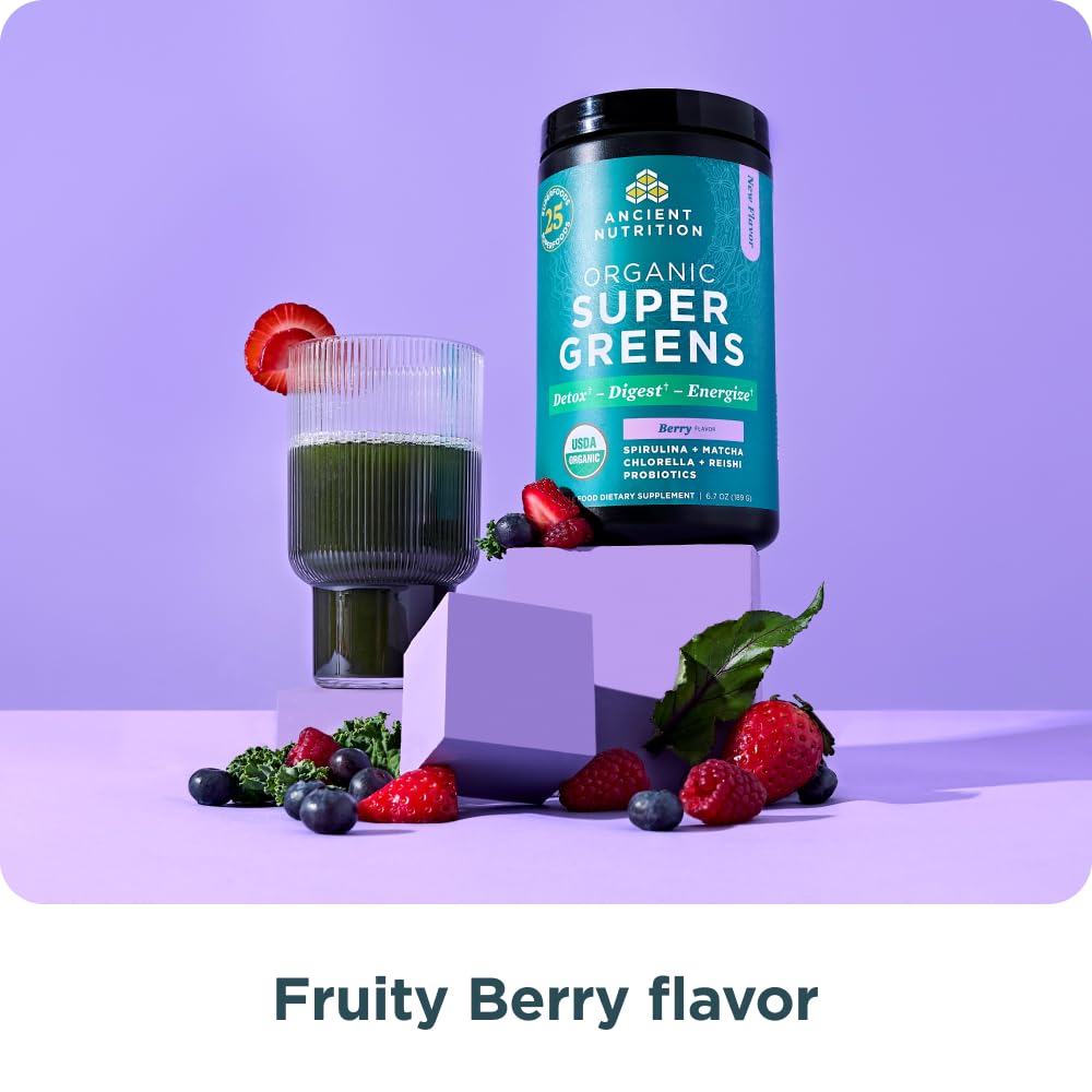 Ancient Nutrition SuperGreens Powder with Probiotics, Organic Berry Flavor Greens, Made from Real Fruits, Vegetables and Herbs, Digestive and Energy Support, 25 Servings, 6.7oz Ancient Nutrition buy supplements canada