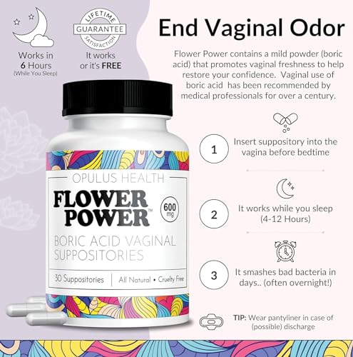 Flower Power Vegan Boric Acid Suppositories - 30 Capsules - 600mg for Vaginal Odor and pH Balance Flower Power buy supplements canada