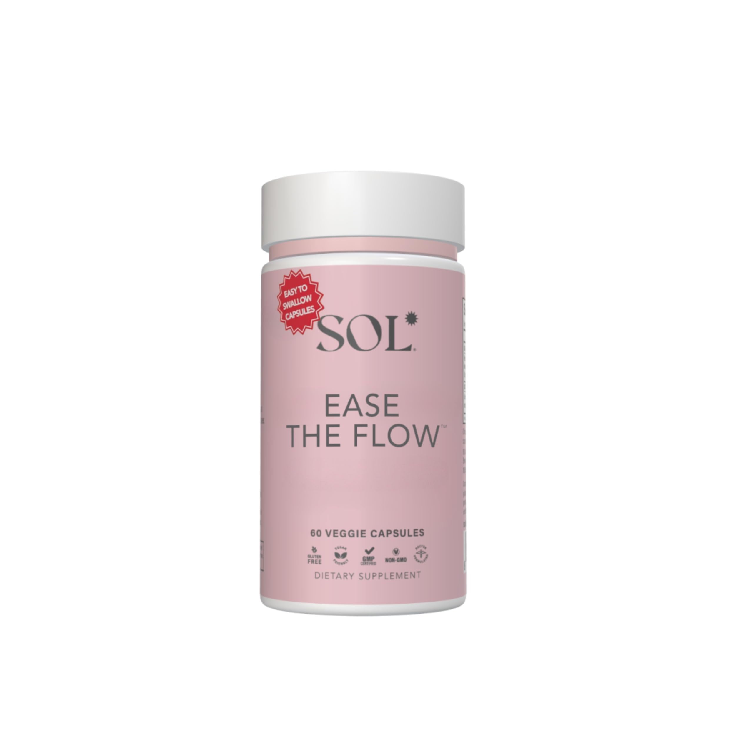 Sol Nutrition Ease the Flow - PMS Support, Menstrual Relief, PMDD Supplements, Period Relief Products, Eases Bloating & Mood Swings, Vitamins B6 & B8, 60 Easy-to-Swallow Capsules Sol Nutrition buy supplements canada