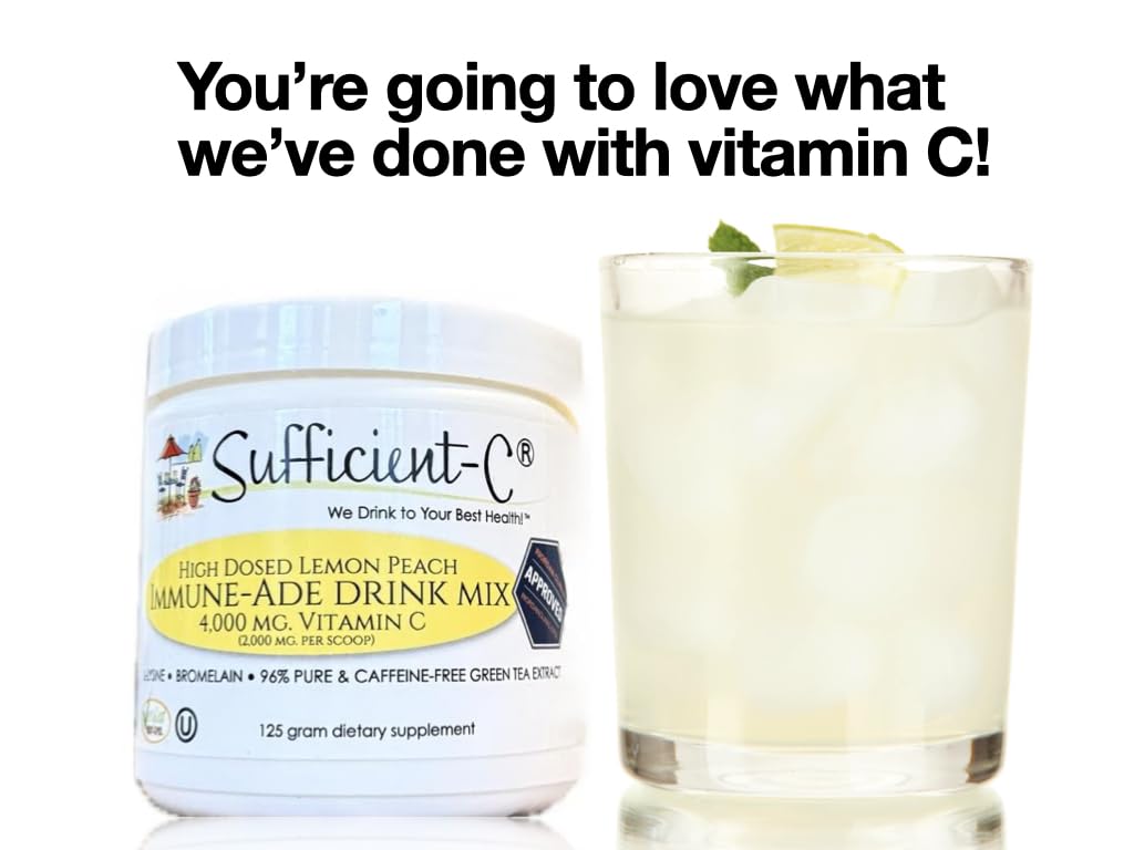Sufficient-C High Dose Non-GMO Vitamin C Lemon Peach Immune-Ade Drink Mix, Convenient 125 Gram Size w/L-lysine, Bromelain & a Premium 96% Pure Green Tea Extract Sufficient-C buy supplements canada