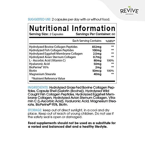 Multi Collagen Protein Capsules - Types I, II, III, V & X - Hydrolysed Grass Fed Bovine, Wild Caught Marine Revive Naturals buy supplements canada
