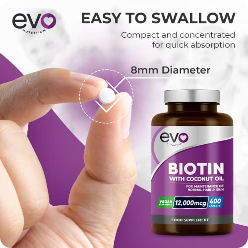 Biotin Hair Growth Supplement 12,000mcg with Coconut Oil | 400 High Strength Tablets EVO NUTRITION buy supplements canada