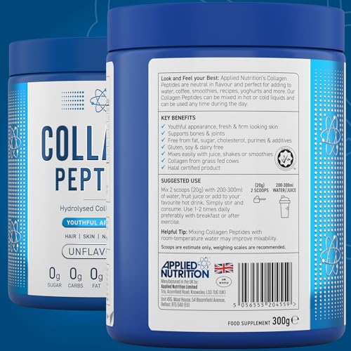Applied Nutrition Collagen Peptides Powder - Hydrolysed Bovine Collagen Protein, Halal, Healthy Skin, Hair, Nails (Unflavoured) (300g - 15 Servings) Applied Nutrition buy supplements canada