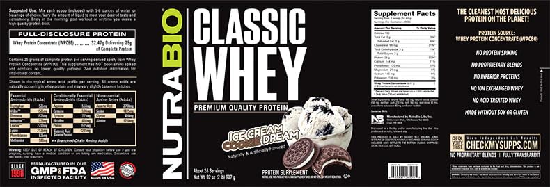 NutraBio Classic Whey Protein Powder- 25G of Protein Per Scoop - Ice Cream Cookie NutraBio buy supplements canada