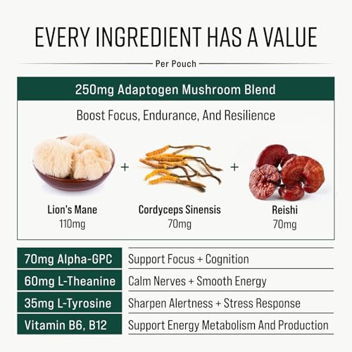 Adaptogen Mushroom Nootropic Pouches (4 Pack Bundle) - 250mg Mushroom Blend + 165mg Energy Blend, Nicotine Free & Caffeine Free, Ultra Pouch with Lion's Mane, Cordyceps, Reishi, Alpha-GPC, L-Theanine GGGJ buy supplements canada