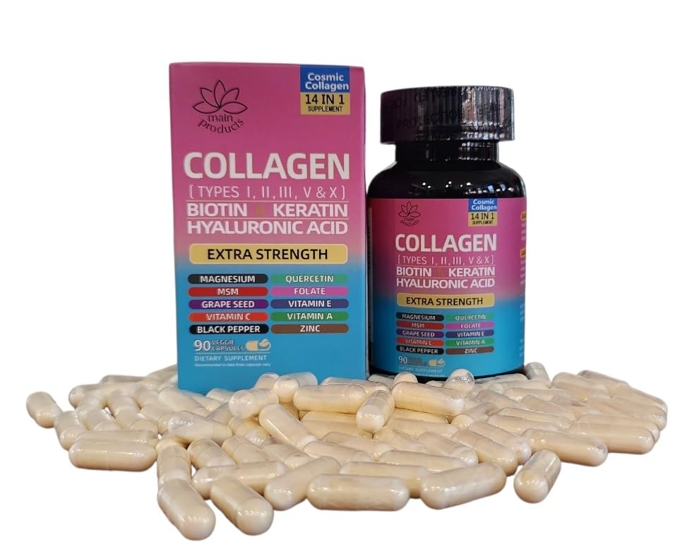 Collagen Peptides Types I, II, III, V & X, 64000 MCG, 14 in 1, Biotin, Keratin, Hyaluronic Acid, Magnesium, MSM, Grape Seed, Vitamin A C & E, Black Pepper, Quercetin, Folate, Zinc (90 Veggie Caps) Main Products buy supplements canada
