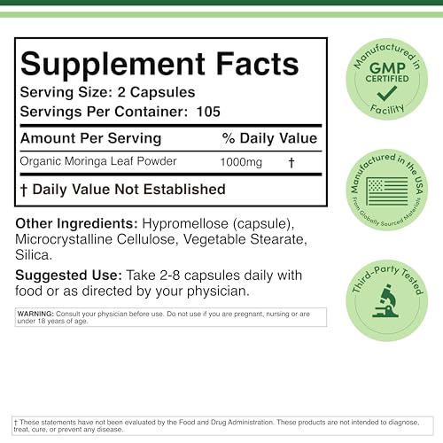 DWS Organic Moringa Capsules 1000mg - Pure Moringa Powder for Energy & Immune Support - Green Superfood Rich in Antioxidants Double Wood Supplements buy supplements canada