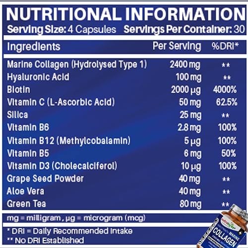 High Strength Marine Collagen 2400mg with Hyaluronic Acid 100mg, Biotin, Vitamin C, D3, B12 and Silica NUTRABYTES buy supplements canada