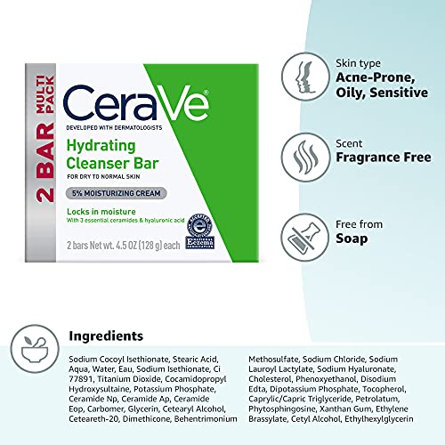 CeraVe Hydrating Cleanser Bar, Soap-Free Body and Facial Cleanser with 5% Moisturizing Cream, Fragrance-Free, 2-Pack, 4.5 Ounce Each CeraVe buy supplements canada