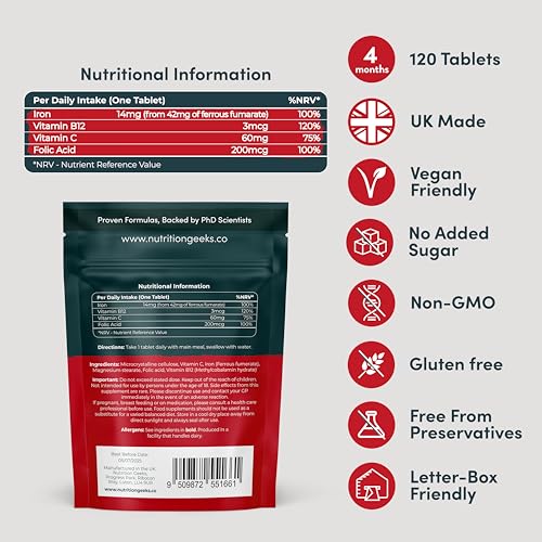 Iron Tablets High Strength Tablets with Vitamin C, B12 & Folic Acid - 120 Vegan Supplement Nutrition Geeks buy supplements canada