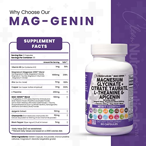 Magnesium Glycinate Complex 1000mg with L-Theanine 200mg Apigenin 50mg Citrate Taurate Supplement - 5-HTP GABA Passion Flower Lemon Balm L-Glycine Phosphatidylserine Ashwagandha - USA Made Clean Nutra Clean Nutraceuticals buy supplements canada
