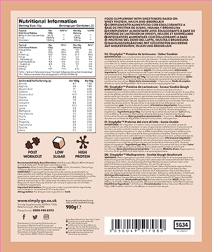 SimplyGo Whey Protein Powder | 900g | Simply Add 30g to Water, Juice or Shakes (Cookie Dough) Simply Supplements buy supplements canada