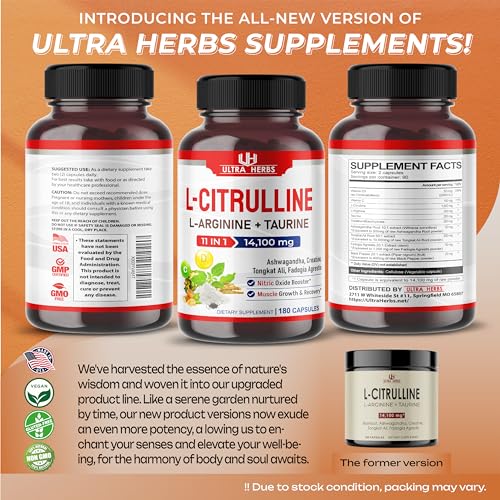 L-Citrulline 14,100 mg 11 in 1 with L-Arginine + Taurine, Ashwagandha, Creatine, Tongkat Ali ULTRA HERBS buy supplements canada
