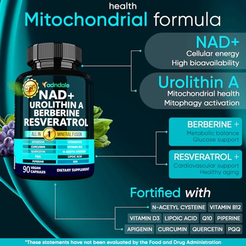 Adndale NAD Supplement. Longevity Formula with Liposomal NAD+, Trans Resveratrol, Urolithin-A, Berberine, CoQ10. NMN Supplement Alternative. 90 Count Adndale buy supplements canada