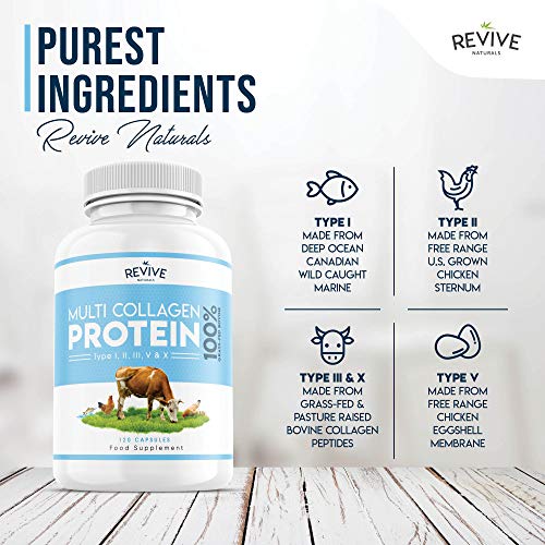 Multi Collagen Protein Capsules - Types I, II, III, V & X - Hydrolysed Grass Fed Bovine, Wild Caught Marine Revive Naturals buy supplements canada